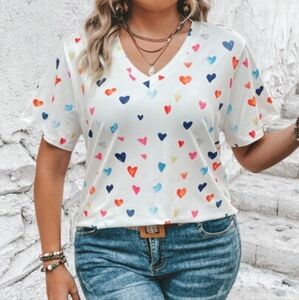 Women White Round Neck Heart Print Short Sleeve Soft Fabric T-Shirt Size M